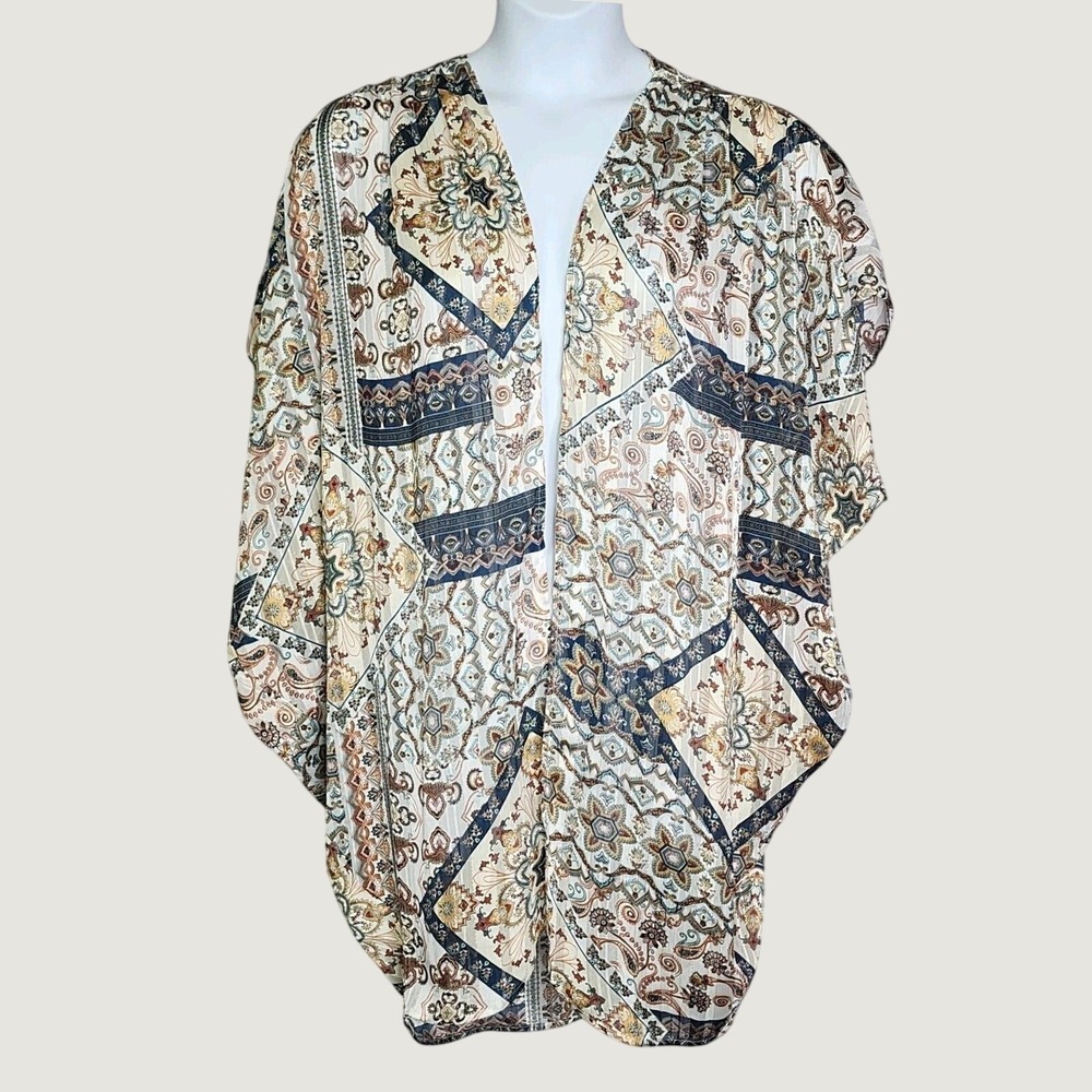 Umgee Kimono Wrap Women M/L Cream Blue Patchwork Paisley Metallic Boho Fairycore
